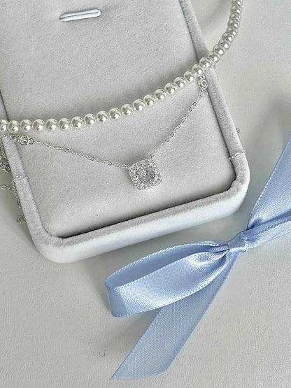 "Oil Painting Maiden" 925 Sterling Silver Cube Sugar Diamond and Pearl Vintage Layered Necklace - Low Luxury, Elegant, and Refined.