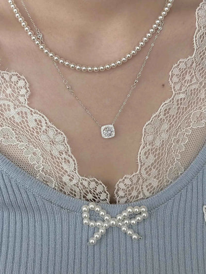 "Oil Painting Maiden" 925 Sterling Silver Cube Sugar Diamond and Pearl Vintage Layered Necklace - Low Luxury, Elegant, and Refined.
