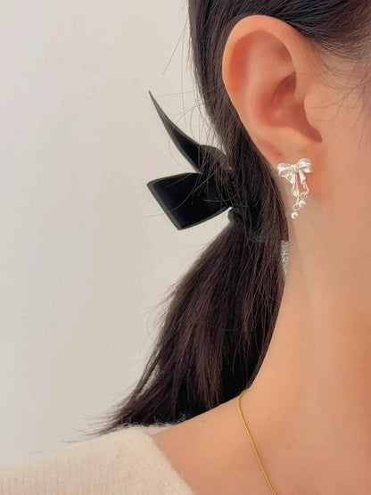 "Dancing Ballet" 999 Pure Silver 3D Bowknot and Silver Ball Stud Earrings - Elegant, Graceful, and Unique.