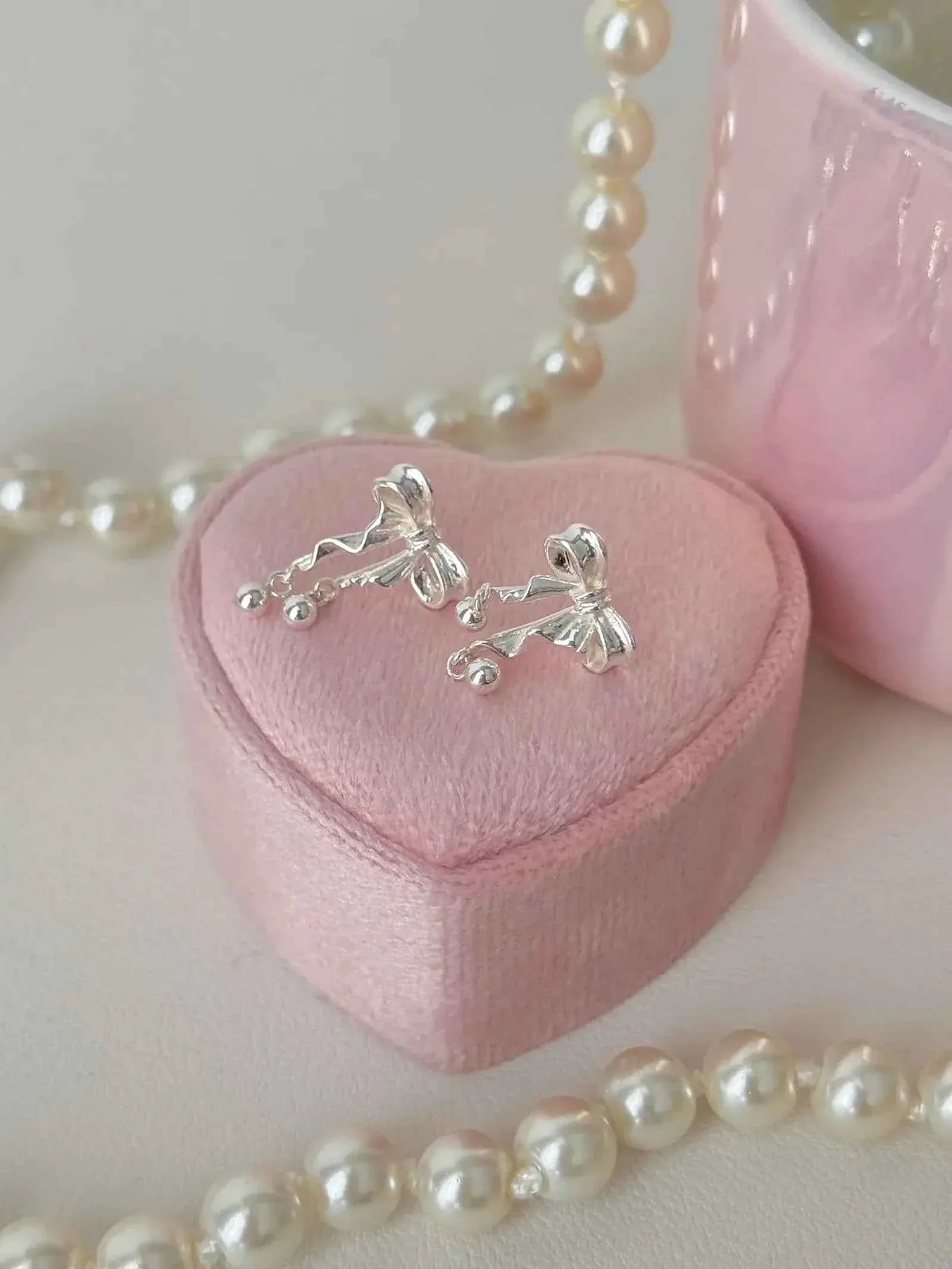 "Dancing Ballet" 999 Pure Silver 3D Bowknot and Silver Ball Stud Earrings - Elegant, Graceful, and Unique.