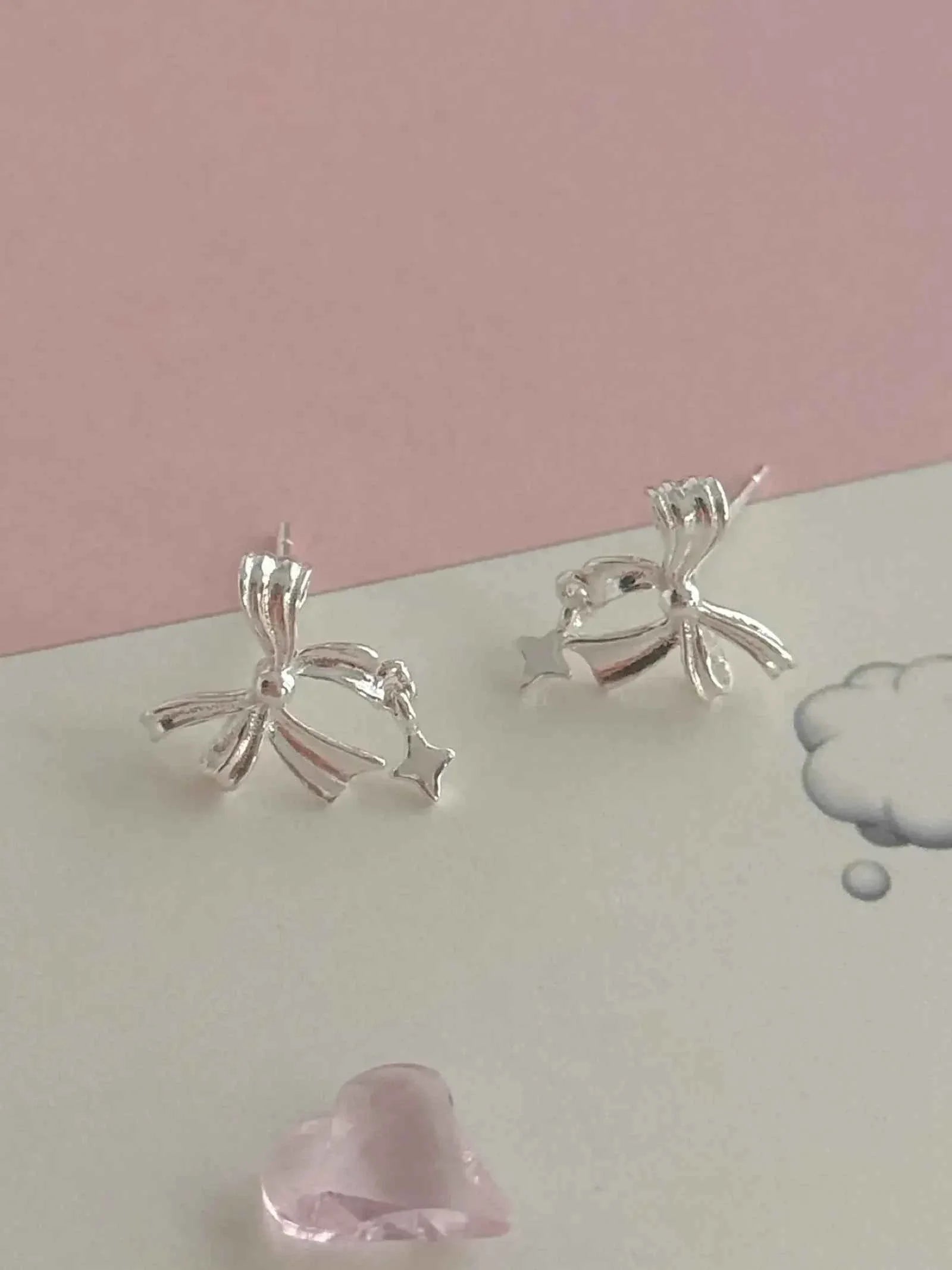 "Ballet Skirt" 999 Pure Silver Hollow Bowknot and Star Stud Earrings - Graceful, Delicate, and Unique.