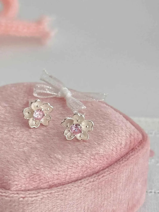 "Cherry Blossom Delight" 999 Pure Silver Sakura Stud Earrings with Artificial Gems - Elegant, Delicate, and Unique.