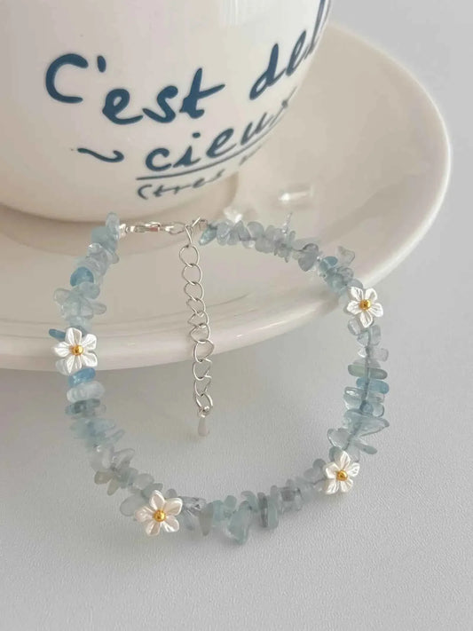 "Spring Blossom" Natural Aquamarine Irregular-Cut Crystal Flower Bracelet - Handcrafted, Bohemian, and Forest-Inspired