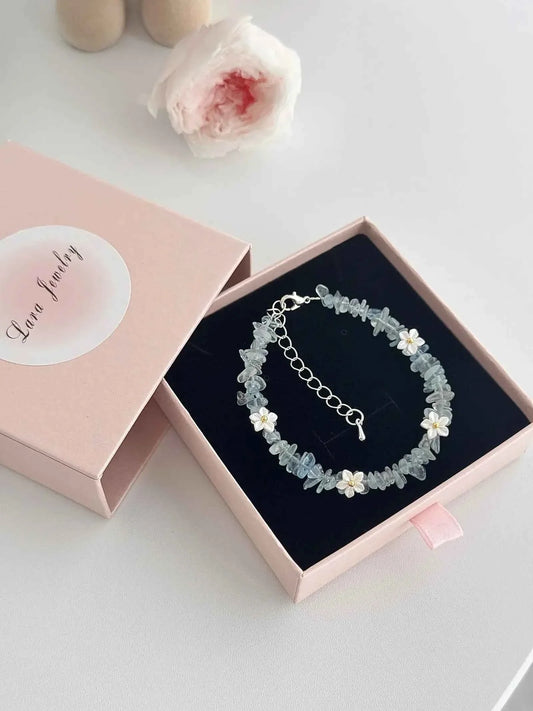 "Spring Blossom" Natural Aquamarine Irregular-Cut Crystal Flower Bracelet - Handcrafted, Bohemian, and Forest-Inspired