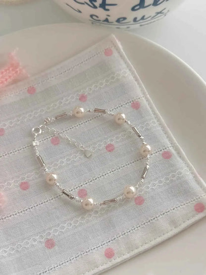"Bamboo Bubble" 925 Sterling Silver Bamboo and Pearl Bracelet - Delicate, Elegant, and Versatile.