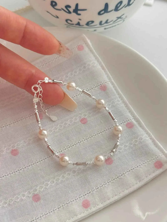 "Bamboo Bubble" 925 Sterling Silver Bamboo and Pearl Bracelet - Delicate, Elegant, and Versatile.
