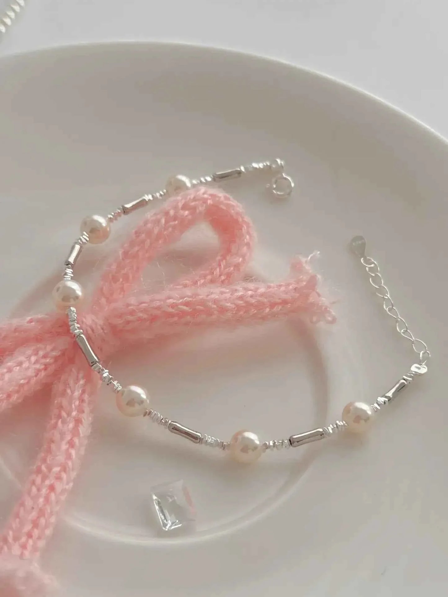 "Bamboo Bubble" 925 Sterling Silver Bamboo and Pearl Bracelet - Delicate, Elegant, and Versatile.