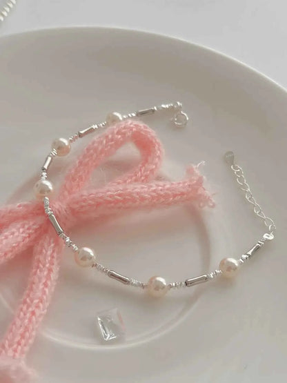 "Bamboo Bubble" 925 Sterling Silver Bamboo and Pearl Bracelet - Delicate, Elegant, and Versatile.