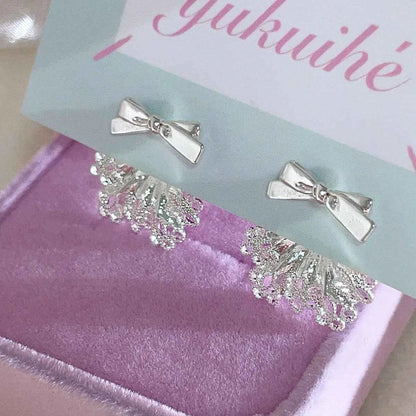 "Lace Dress Bow" 925 Sterling Silver Earrings - Sweet, Delicate, and Full of Romance