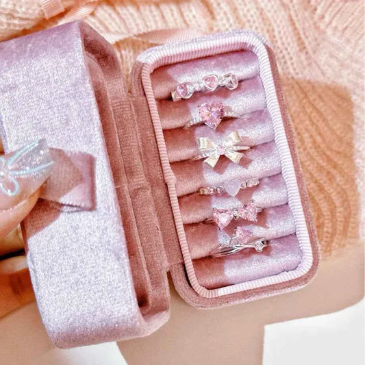 "Princess Bow Collection" 925 Sterling Silver Pink Zircon Ring Set - Sweet, Elegant, and Royal