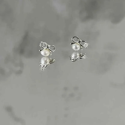 "Mini Bow Pearl" 925 Sterling Silver Stud Earrings - Sweet, Elegant, and Delicate