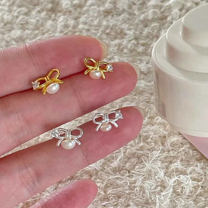 "Mini Bow Pearl" 925 Sterling Silver Stud Earrings - Sweet, Elegant, and Delicate