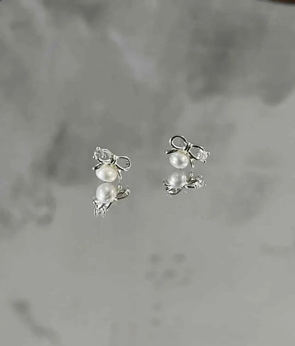 "Mini Bow Pearl" 925 Sterling Silver Stud Earrings - Sweet, Elegant, and Delicate