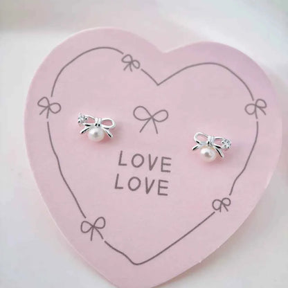 "Mini Bow Pearl" 925 Sterling Silver Stud Earrings - Sweet, Elegant, and Delicate