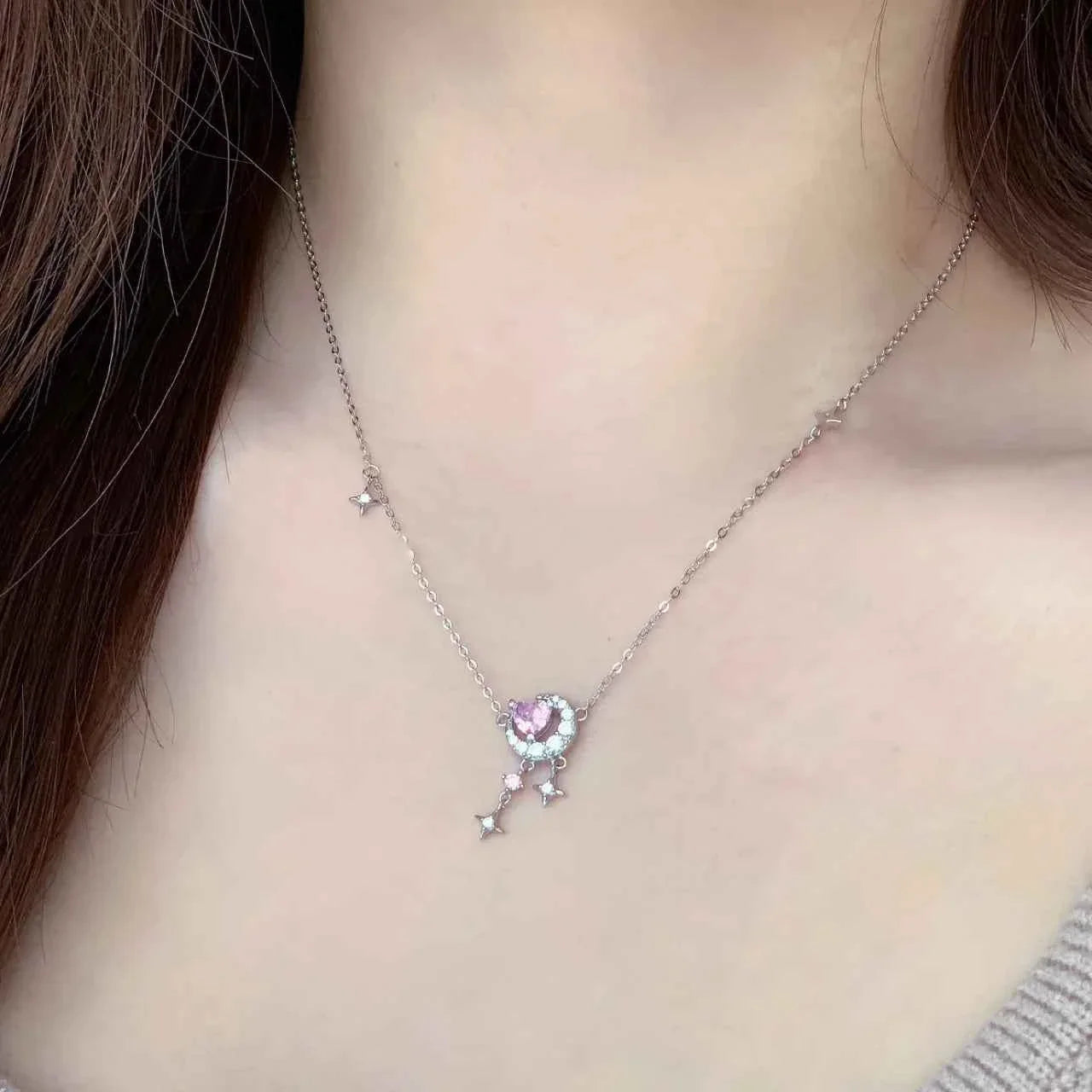 "Romantic Star River" 925 Sterling Silver Heart, Moon, and Star Necklace - Dreamy and Elegant