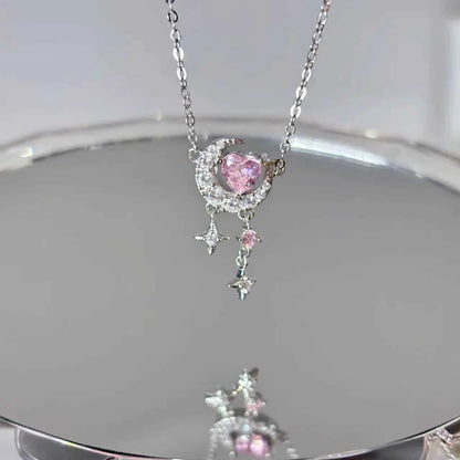 "Romantic Star River" 925 Sterling Silver Heart, Moon, and Star Necklace - Dreamy and Elegant