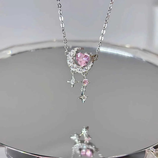"Romantic Star River" 925 Sterling Silver Heart, Moon, and Star Necklace - Dreamy and Elegant