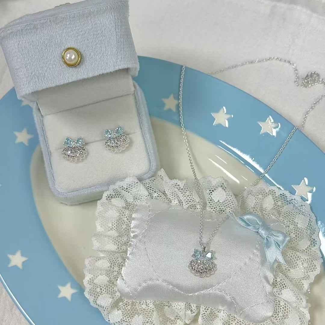 “Aqua Shell Bow” S925 Sterling Silver Shell Bow Jewelry Set (Necklace & Earrings)