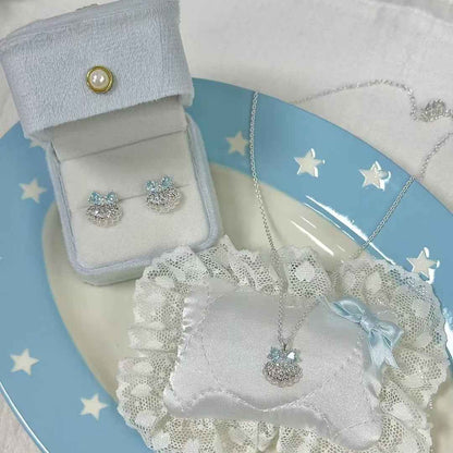 “Aqua Shell Bow” S925 Sterling Silver Shell Bow Jewelry Set (Necklace & Earrings)