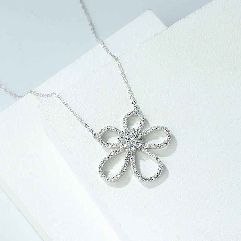 “Camellia Radiance” 925 Sterling Silver Pavé Flower Necklace