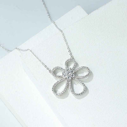 “Camellia Radiance” 925 Sterling Silver Pavé Flower Necklace