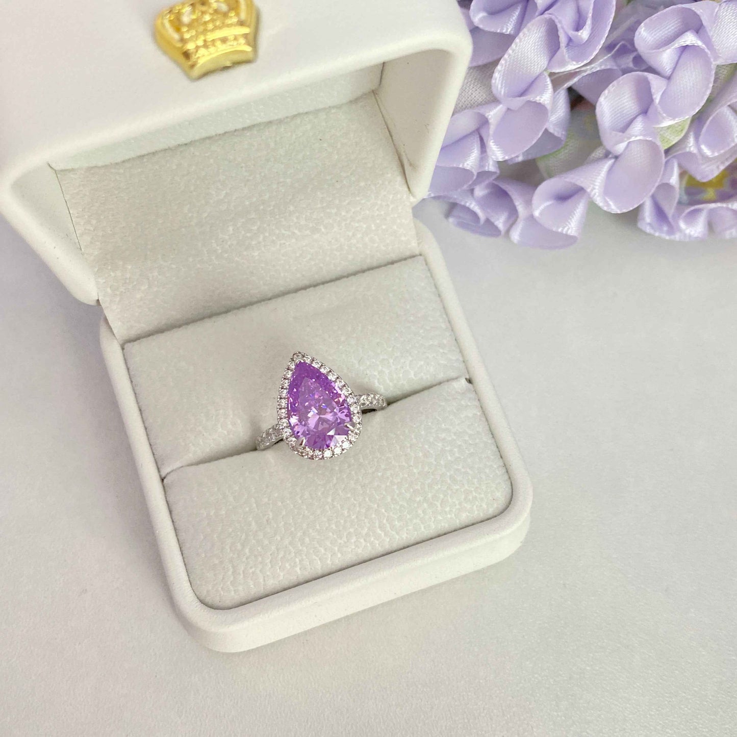 “Violet Cascade” S925 Sterling Silver 4CT Pear-Cut 8A Zircon Halo Ring