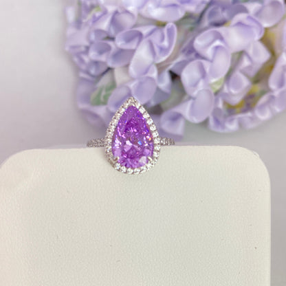 “Violet Cascade” S925 Sterling Silver 4CT Pear-Cut 8A Zircon Halo Ring