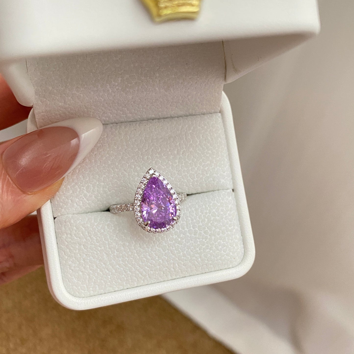 “Violet Cascade” S925 Sterling Silver 4CT Pear-Cut 8A Zircon Halo Ring