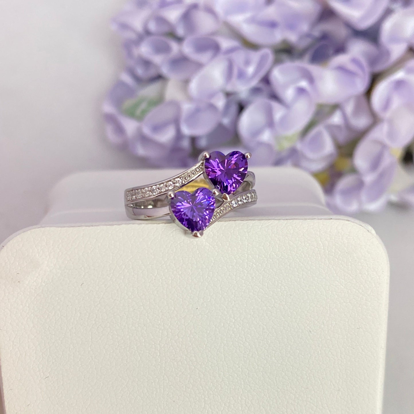 “Violet Duet” S925 Sterling Silver Double Heart Zircon Ring