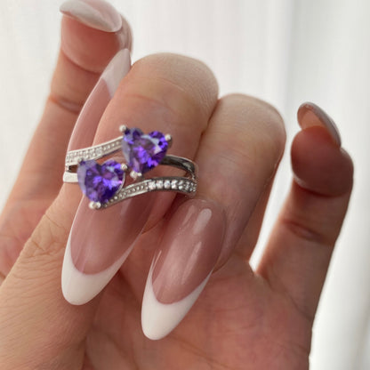 “Violet Duet” S925 Sterling Silver Double Heart Zircon Ring