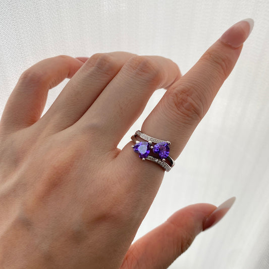 “Violet Duet” S925 Sterling Silver Double Heart Zircon Ring