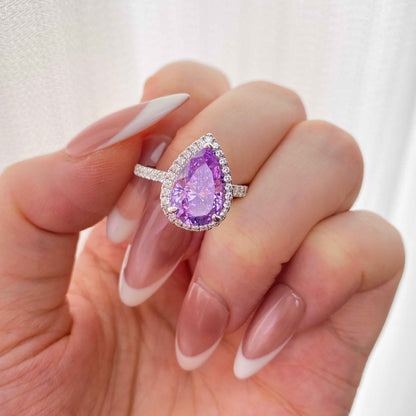 “Violet Cascade” S925 Sterling Silver 4CT Pear-Cut 8A Zircon Halo Ring
