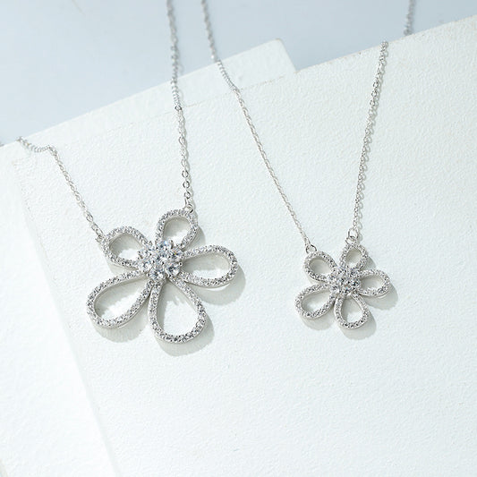 “Camellia Radiance” 925 Sterling Silver Pavé Flower Necklace