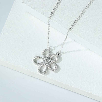 “Camellia Radiance” 925 Sterling Silver Pavé Flower Necklace