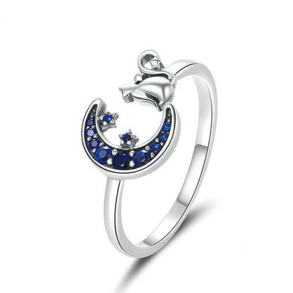“Rose Moon Kitty” S925 Sterling Silver Crescent Cat Open Ring