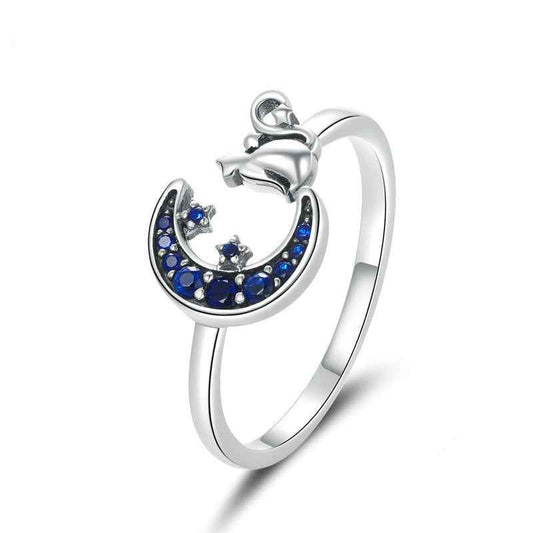 “Rose Moon Kitty” S925 Sterling Silver Crescent Cat Open Ring