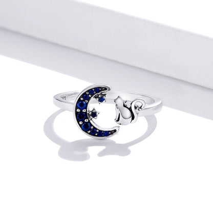 “Rose Moon Kitty” S925 Sterling Silver Crescent Cat Open Ring