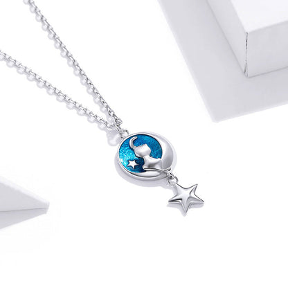 “Moonlit Star Kitty” S925 Sterling Silver Moon Cat Star Necklace