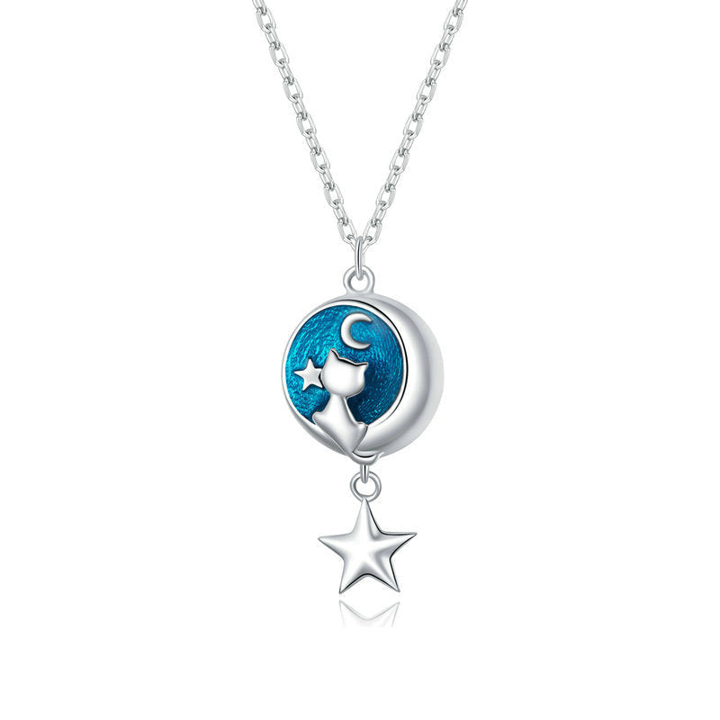 “Moonlit Star Kitty” S925 Sterling Silver Moon Cat Star Necklace