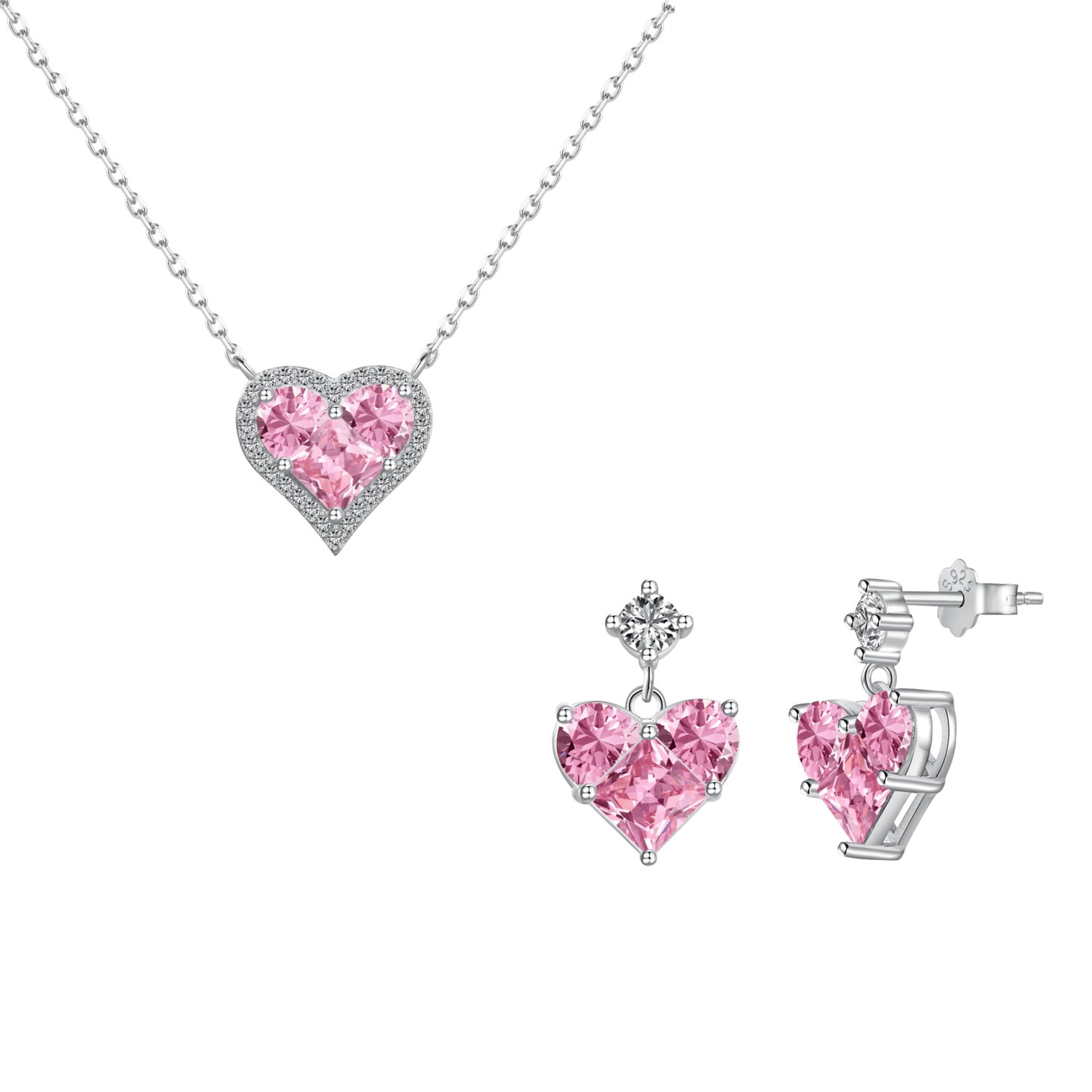 “Pink Prism Heart” S925 Sterling Silver Geometric Heart Zircon Jewelry Set (Necklace & Stud Earrings)