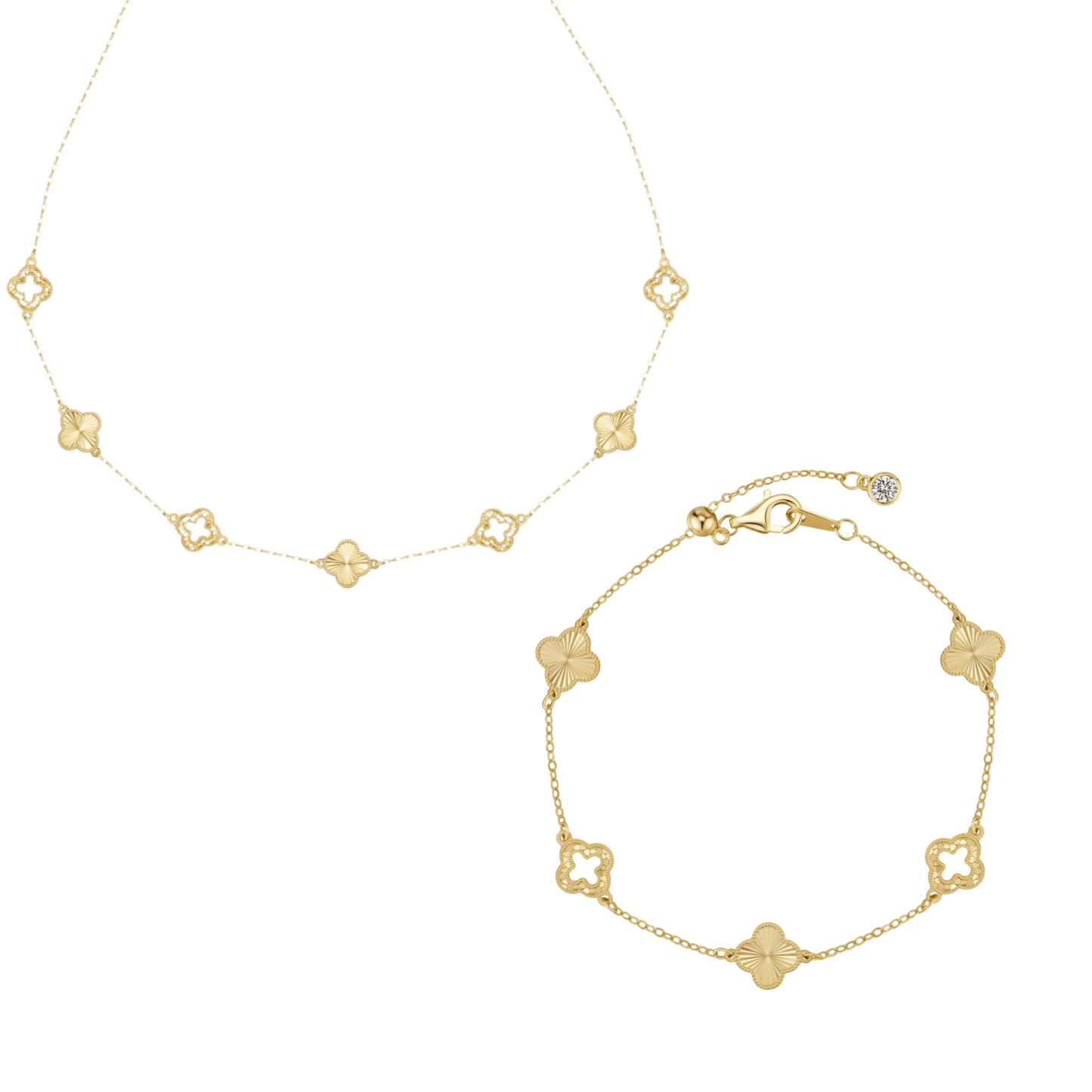 “Luster Clover” 925 Sterling Silver Laser-Cut Clover Necklace & Bracelet Set