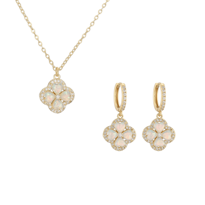 “Clover Bloom” Gold-Tone Brass Colorful Zircon Clover Jewelry Set
