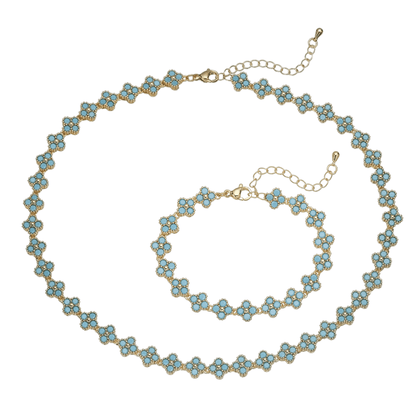 Turquoise Clover Grace Brass Genuine Gold-Plated Turquoise Floral Necklace & Bracelet Set