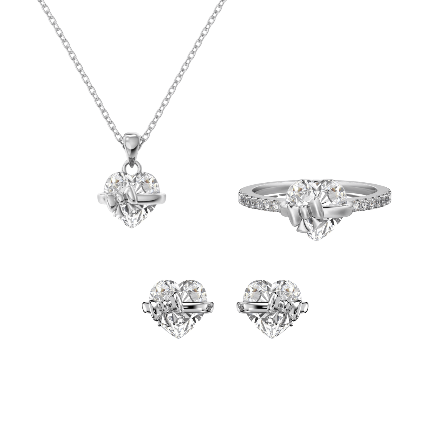 “Ribbon Serenade” 925 Sterling Silver Heart Bow Jewelry Set