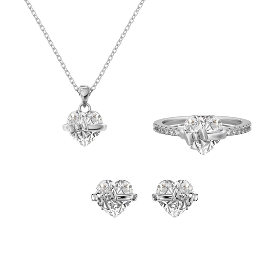 “Ribbon Serenade” 925 Sterling Silver Heart Bow Jewelry Set