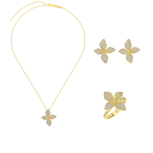 “Aurelia Bloom” S925 Sterling Silver Pavé Flower Jewelry Set