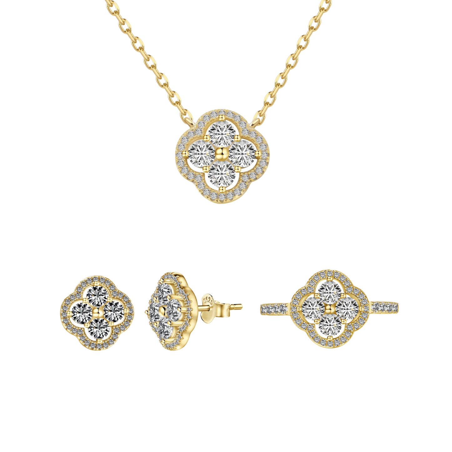 “Everluck Petal” 925 Sterling Silver Four-Petal Zircon Jewelry Set