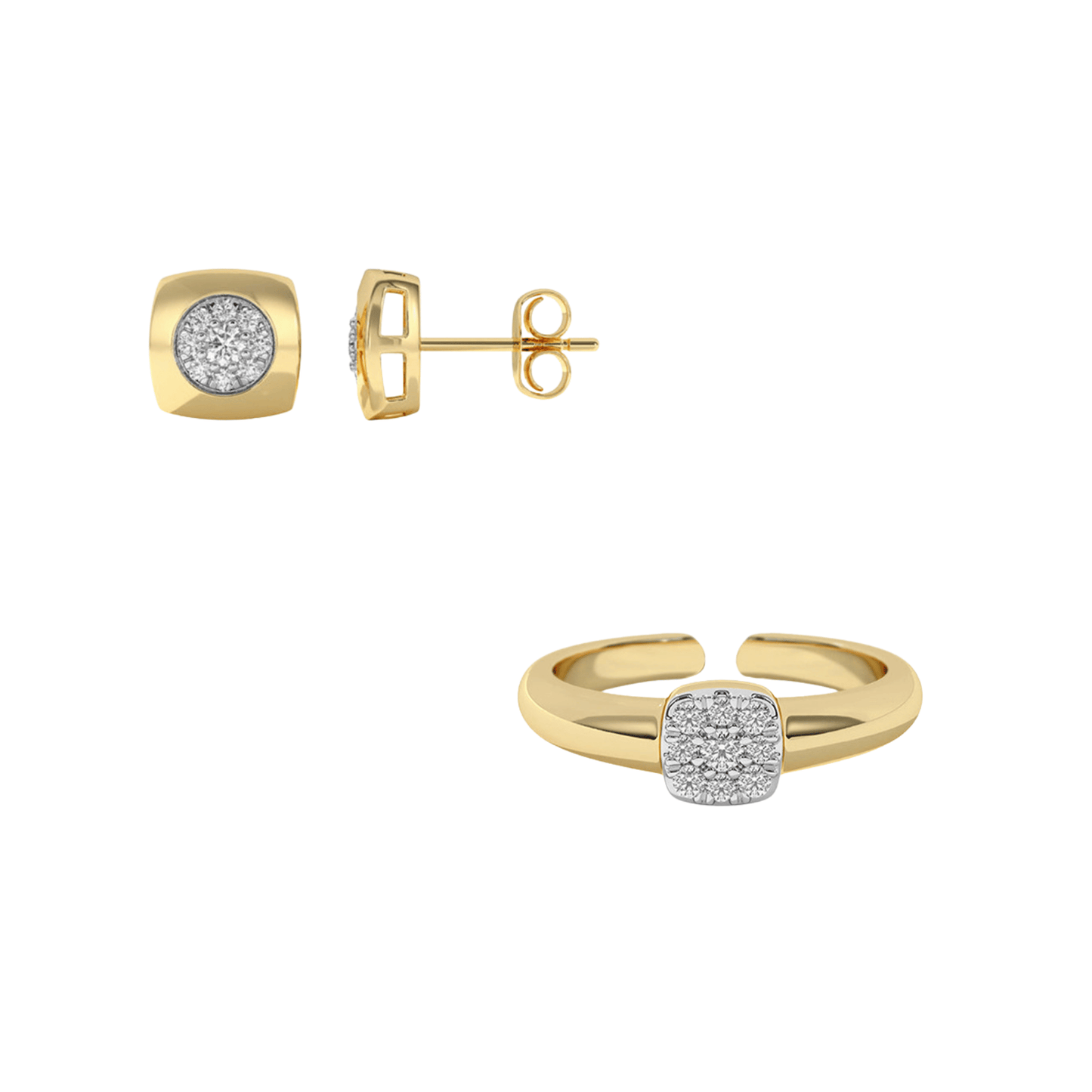 “Modern Frame” 925 Sterling Silver Square Pavé Stud Earrings & Adjustable Ring Set