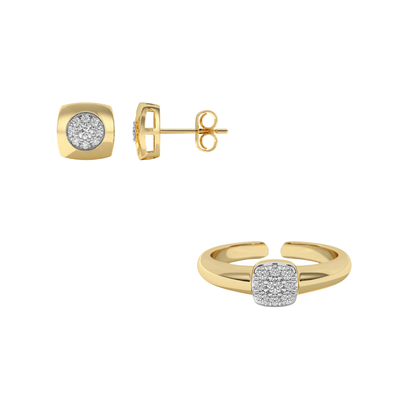 “Modern Frame” 925 Sterling Silver Square Pavé Stud Earrings & Adjustable Ring Set