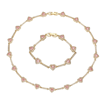 “Heartline” Gold-Tone Brass Colorful Zircon Heart Jewelry Set